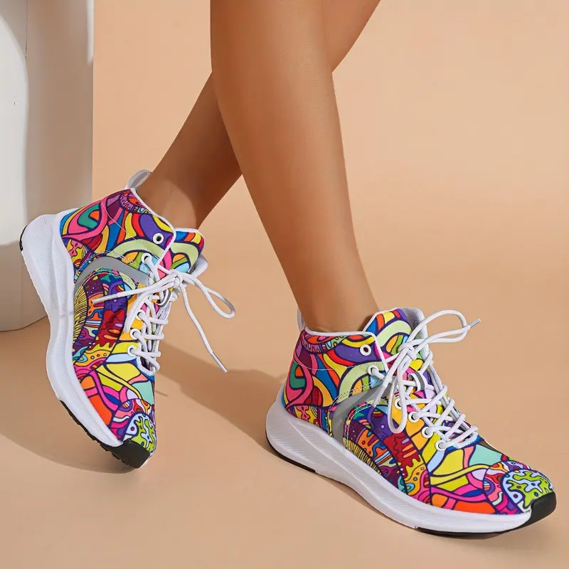Women's High-Top Sports Sneakers, Hand-Painted Cartoon Print Flannel Upper, Lightweight Reflective Lace-Up Casual Footwear, Sneaker, Women's Sneakers
