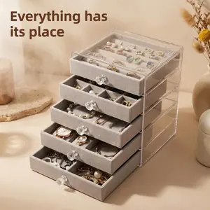 5-Tier Luxury Jewelry Organizer with Drawer - Desktop Organizer Tray Suitable for Earrings, Hair Clips, Brooches, Dressing Table Storage - Multi-Purpose Gift for (Valentine's Day, Mother's Day), Jewelry Chests home accessories clear