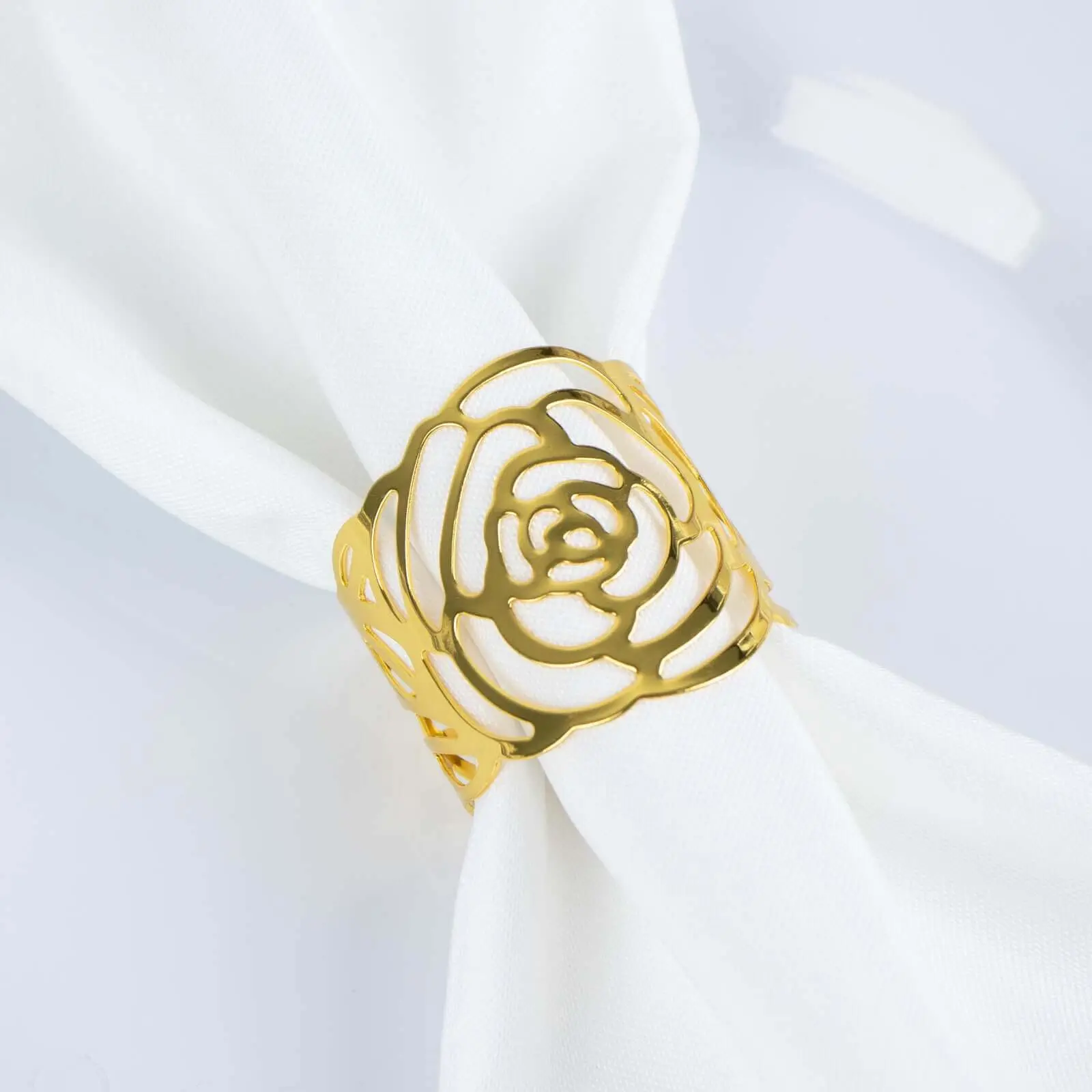 4-Pack Rose Flower Form Laser-Cut Shiny Gold Metal Cuff Napkin Rings, Home Cutlery & Tableware Floral Decorative Holders for Dinner Tables, Holiday Tea Parties
