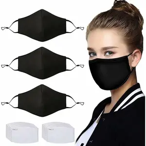 Adult Adjustable Face Protection with Filter Pocket and Nose Wire Black Breathable Cloth Mask with 10 Filters