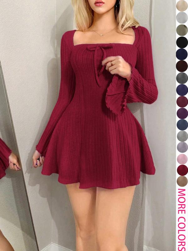 Y2K Style Women's Long Sleeve Mini Dress with Square Neck and Flare Sleeves, Casual for Spring & Fall