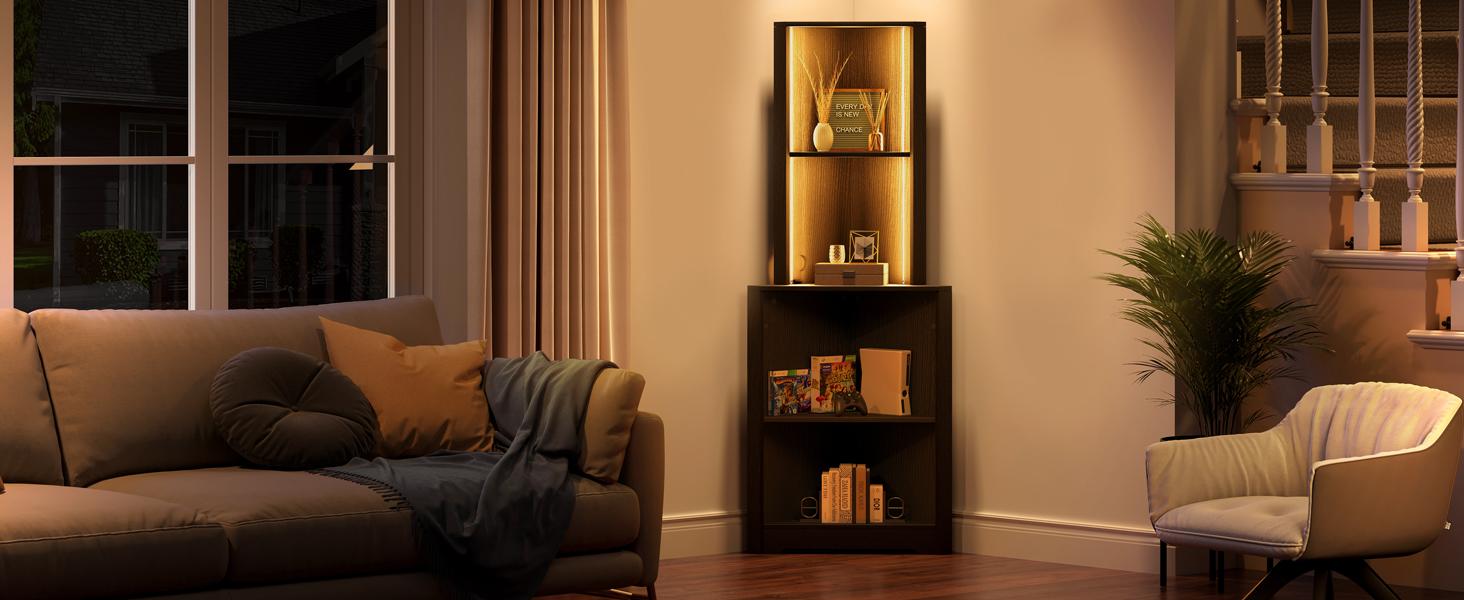 DWVO Corner Shelf Stand with Led Light, 5 Tier Corner Bookshelf and Bookcase, Wooden Open Corner Cabinet Display Storage Rack for Bedroom,Living Room, Dining Room, Home Office, Kitchen, Black