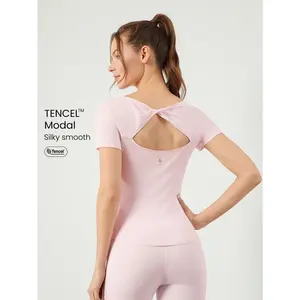 GLOWMODE TENCEL™ Modal Silky Smooth Knotted Back Boat Neck Short Sleeve Active Tee Daily Casual Wear cute tops