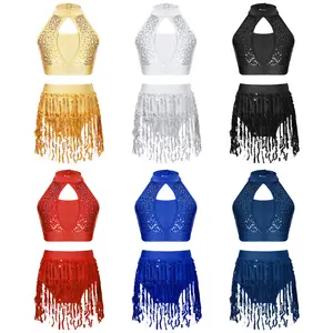 easyforever Sequins Tassel Skirts Set for Girls Belly Jazz Latin Tap Ballet Dance Dress Skating Leotard Skirt Ballroom Dancewear