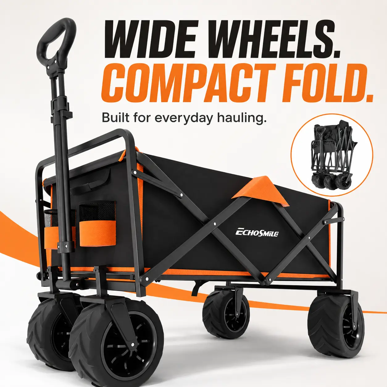EchoSmile Collapsible Utility Wagon, 350LB Folding Cart with 8”×4” Wide All-Terrain Wheels, Compact 7” Fold, Adjustable Handle, 600D Fabric for Camping, Sports & Grocery