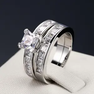 2-Piece Princess Cut Lab Rhinestone Wedding Ring Set Lightweight Comfortable for Engagement Promise Anniversary