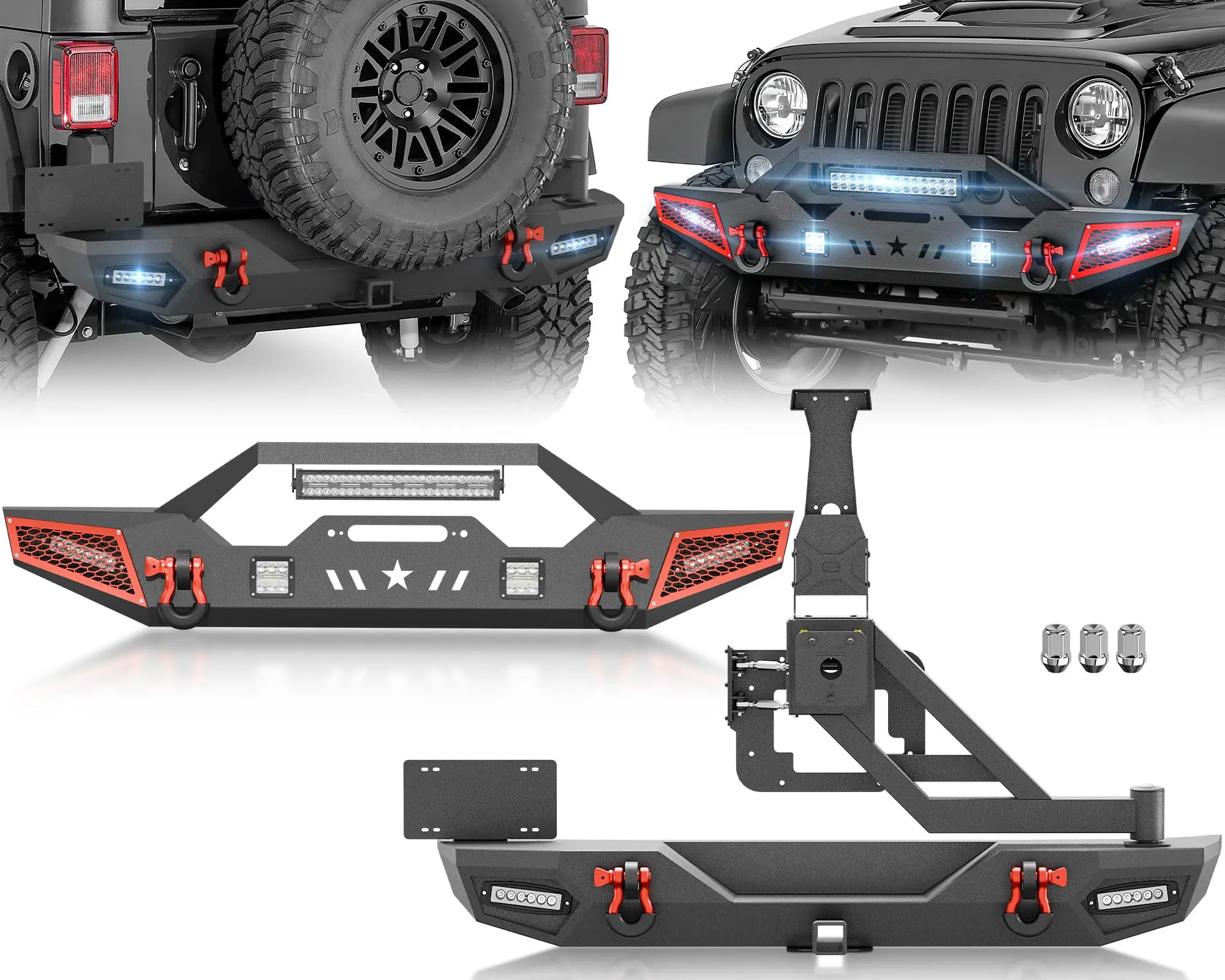 【EYOUHZ】Front and Rear Bumpers with Spare Tire Carrier Compatible with 2007-2018 Jeep Wrangler JK JKU with Winch Plate, LED Lights, Hitch Receiver, Paintable Armor, License Plate Frame & D-rings,car accessories