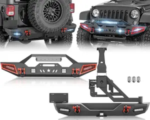 for JK Front and Rear Bumpers with Spare Tire Carrier Compatible with 2007-2018 Jeep Wrangler JK JKU with Winch Plate, LED Lights, Hitch Receiver, Paintable Armor, License Plate Frame & D-rings