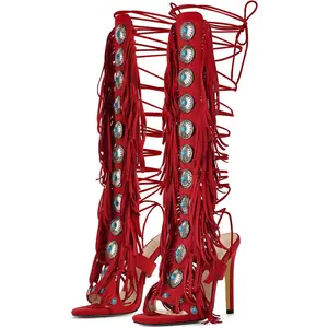 Evolra Women's Y2K Style Red Fringe Tassel Knee-High Gladiator Heels | Open Toe Stiletto Sandals for Party & Prom | Trendy Shoes for Party
