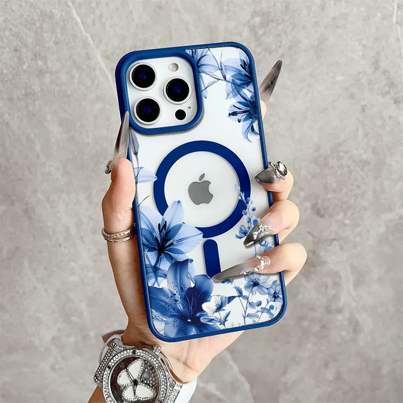 Blue Lily Crystal Magnetic Snap Smartphone Case - Shockproof, Slim Protective Cover for iPhone 17/16 Pro Max, 15 Pro, 14, 13, 12 Mini, 11, XR, XS Plus, SE - Handheld Cellphone Protection