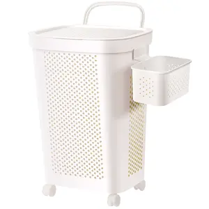 Wheeled Laundry Hamper with Lid and Handle, Rollingundry Basket with Suspended Design, Plastic Laundry Cart Wheels for Easy Transport, White