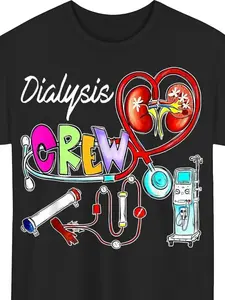Cotton Dialysis Crew Nephrology Technician Shirt - Kidney Stethoscope & Renal Care Graphic, Short Sleeve Casual Uniform, Machine Washable Round Neck T-Shirt