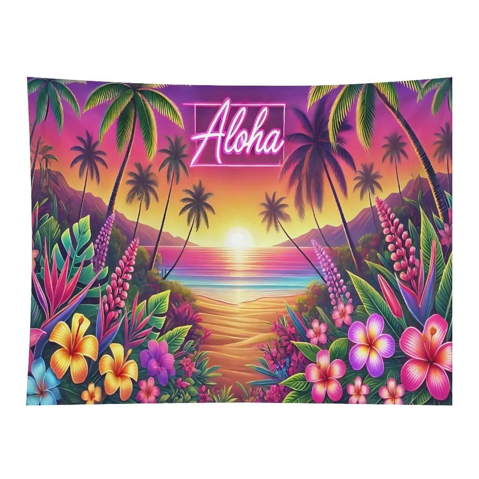 Aloha Tropical Beach Sunset Tapestry Palm Tree Vibrant Hawaiian Plumeria Flower Colorful Summer Vacation Wall Art Decor