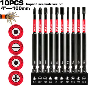 10pcs 100mm Long S2 Industrial Steel Magnetic Screwdriver Set, Rust Resistant, Impact Resistant, Includes Cross Hex Star Flat Head Bits, Screwdriver Drill Bits, Replaceable Screwdriver Bits