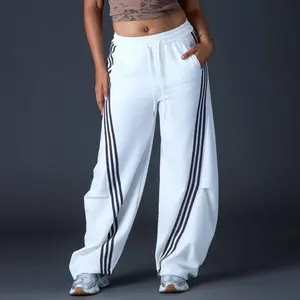 Flooo Loose Wide Leg Striped Track Pants Women's Casual Streetwear Joggers with Elastic Waistband & Side Pockets for Workout Clothes