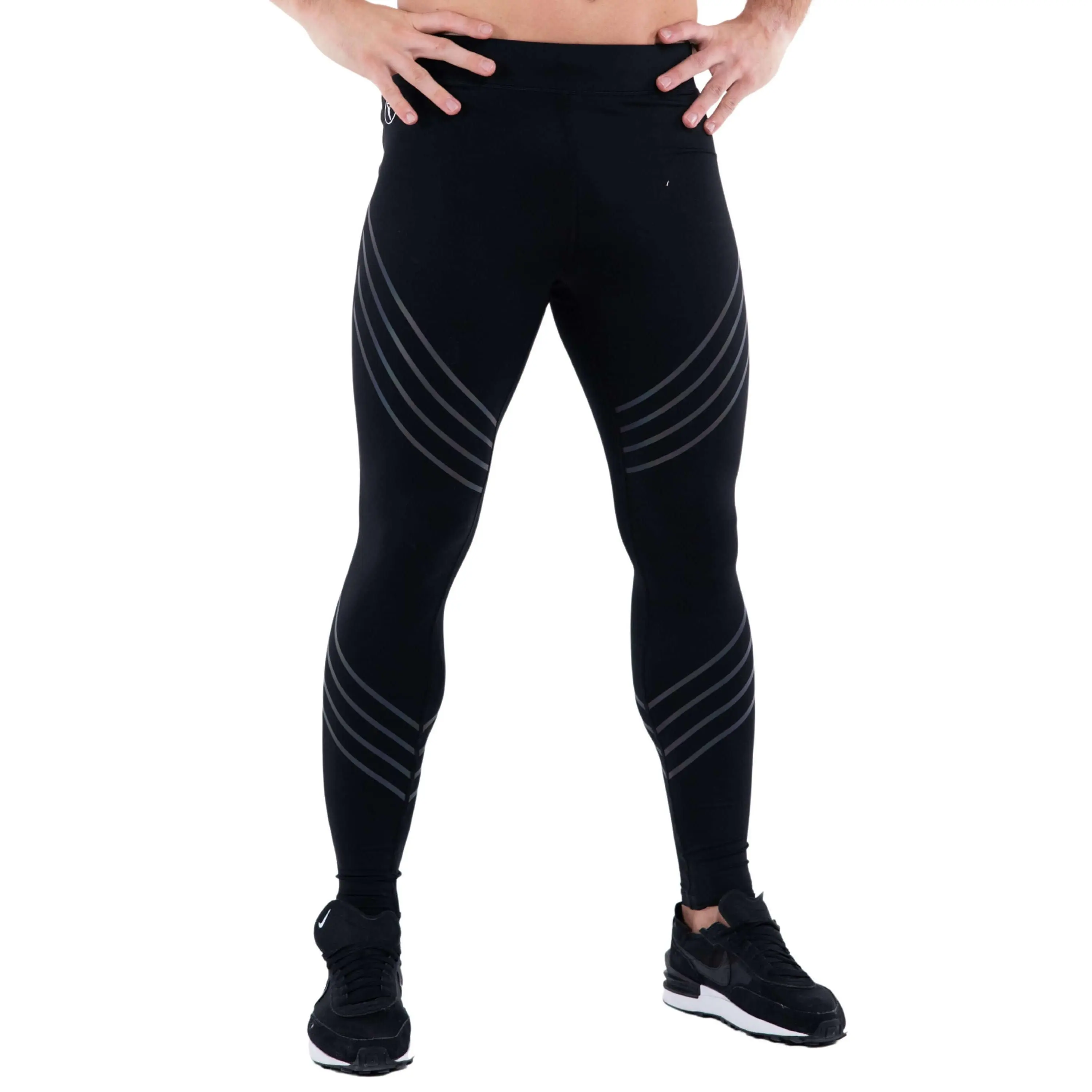 Kapow Meggings Sonic Boom PRO Black with Reflective Stripes Men’s Performance Leggings Activewear with Phone + Zip Pockets | Gym, HIIT, Running & Fitness Breathable Sporty Bottoms