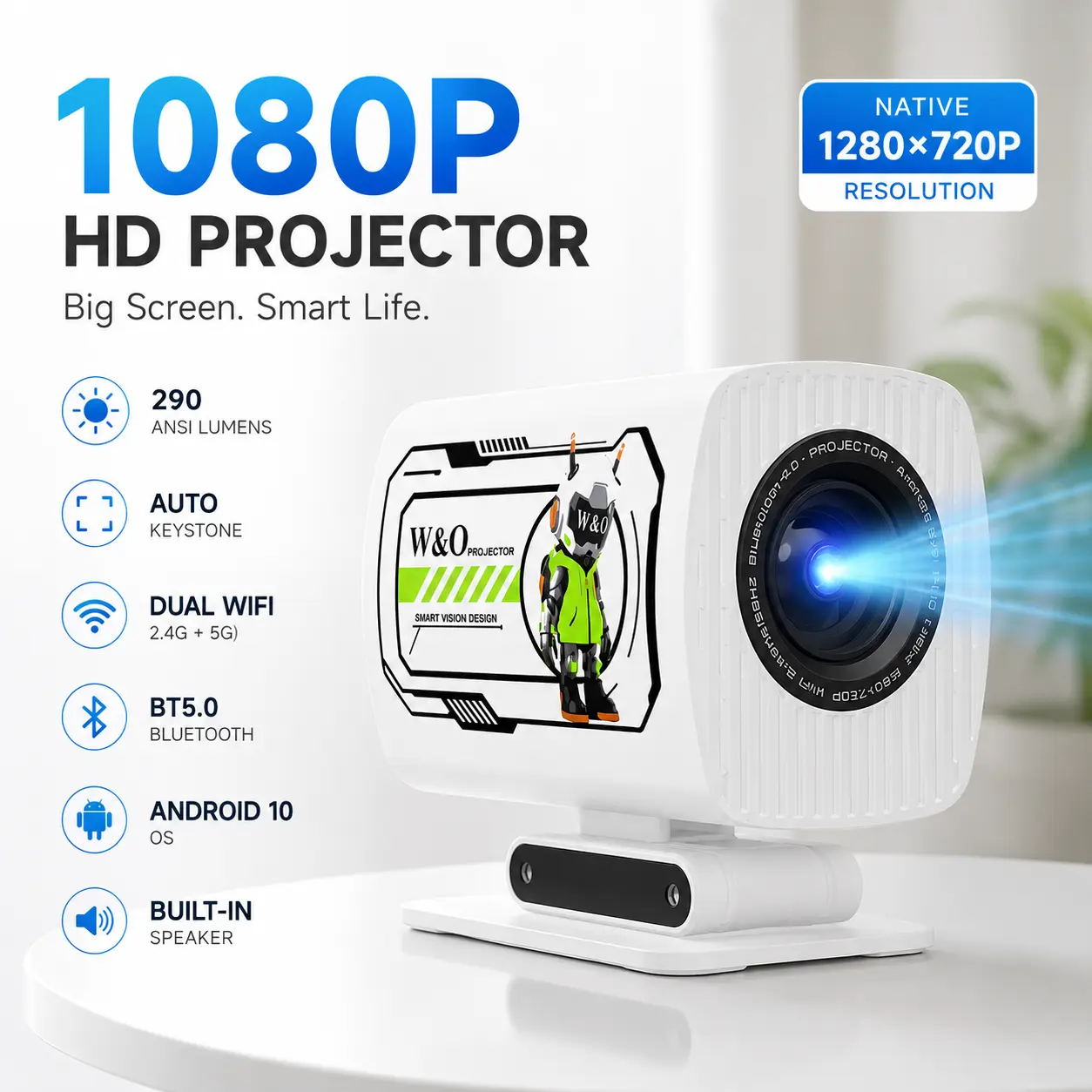 Mini Smart Projector with Android 10, Supports 1080P Full HD, Native 720P Portable Projector, 290 ANSI Lumens, Auto Keystone Correction, Dual WiFi 2.4G/5G, BT5.0, Built-in Speaker, Home Theater Projector for Movies, Gaming & Outdoor Use