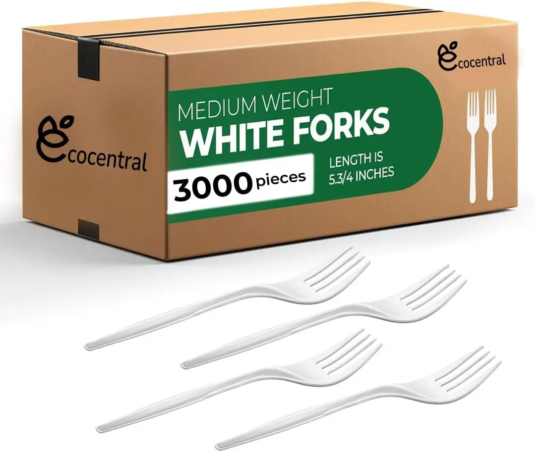 White Plastic Disposable Forks Bulk, Heat Resistant Silverware for Take Out Restaurants, Family Gatherings, Outdoor Activities
