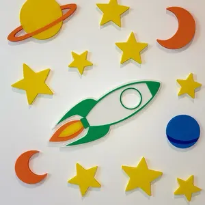 Space Wall Decor Set – 3D Printed Rocket, Planets & Stars – Custom Colors – Nursery and Kids Room Space Theme