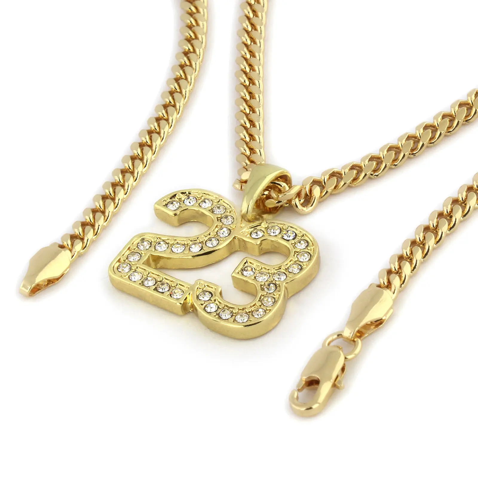 MaxBling81 30mm 23 Pendant Necklace with Gold Plated 4mm Chunky Cuban Chain, Unisex Iced Out Hip Hop Jewelry with Cubic Zirconia, 18-24 Inch, Sparkling Zircon Inlay, Iced Out 23 Pendant Necklace