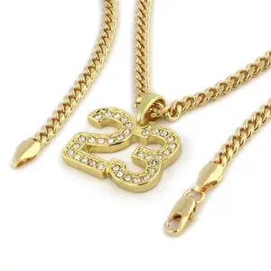 Number 23 Iced Gold Silver Plated Pendant & 4mm 18" 20" 24" Brass Cuban Chain Hip Hop Style Necklace Jewelry