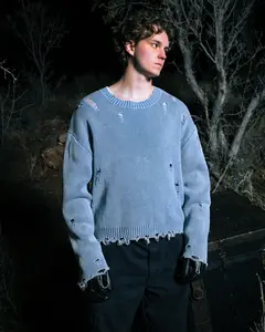 LIGHT BLUE KNIT DISTRESSED SWEATER