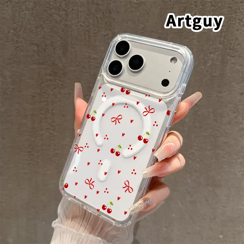Magnetic Smartphone Case for iPhone 17/16 Pro Max Plus, 15/14/13/12/11/Air E - Cherry Heart Bow Design, Hard Acrylic Back, Soft Silicone Edge, Full Coverage Safety Protection for Handheld Devices