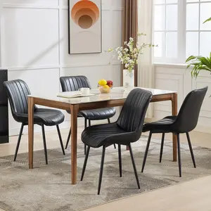 Set of 2 Modern Faux Leather Dining Chairs – Linear Design with Upholstered Seat & Sturdy Metal Legs – Stylish Mid-Century Look for Kitchen & Dining Room