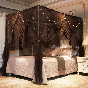 Bed Curtains with Lights,4 Corner Bed Bed Drapes Netting,Bed Curtains for Girls Adults Bedroom(Coffee, Queen)