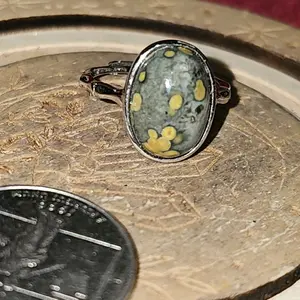 OceanJasper Sterling Silver Adjustable Ring - Elegant Oval Gemstone Ring with Unique Polka Dot Design in Silver Tone for Stylish Accessories
