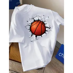 Boys' Dynamic Basketball Graphic T-Shirt - Casual Black Short Sleeve Crew Neck, Stretchy Polyester Blend, Machine Washable, Summer Wear Children's sports T-shirt