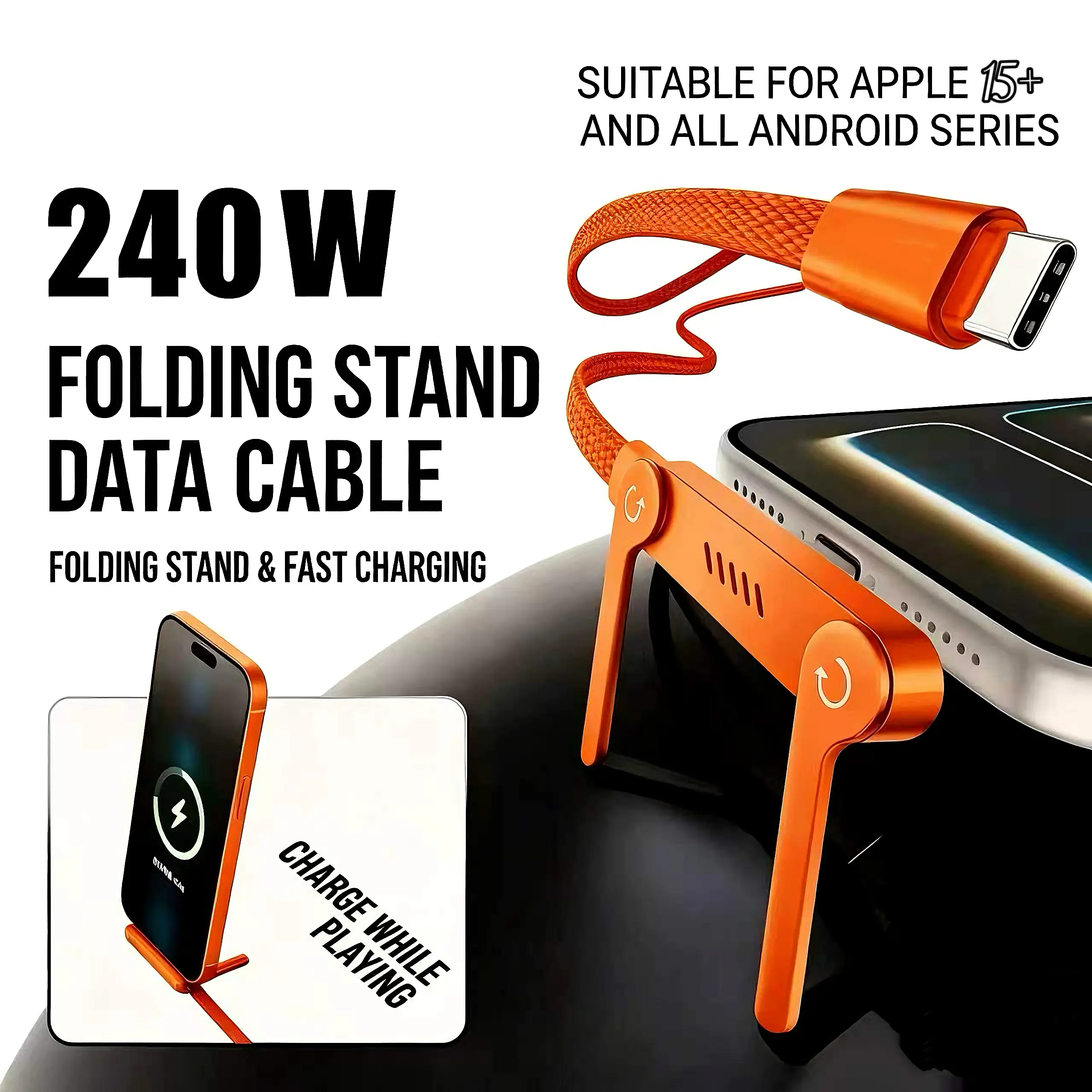 MREGB 240W 2-in-1 Fast Charging Cable with Invisible Phone Stand, Foldable Durable Type-C Charger Cord Compatible with iPhone Samsung for Gaming Office & Car Travel Device Portable summerwins,summerwins