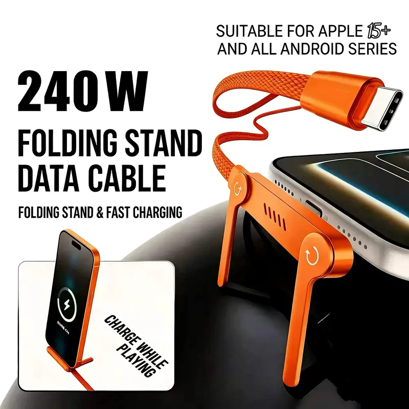 MREGB 240W Multifunctional Charging Cable - 2-in-1 Smart Design Portable Charger, Lightweight Smartphone Holder, Invisible Foldable Durable USB-C Cord, Ideal for Gaming, Car Travel, Compatible with iPhone