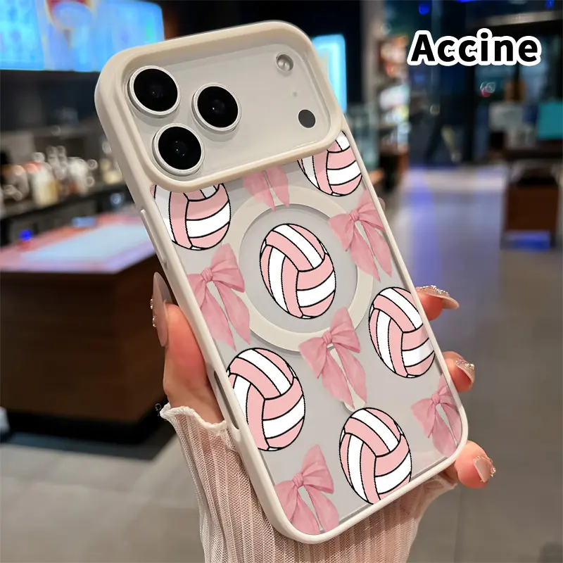 Magnetic Smartphone Case for iPhone 17 Pro Max,16 Plus,15,14,13,12,11,Air E Bow Volleyball Pattern, Transparent Acrylic Back, TPU Edges, Drop-Proof Lightweight Handheld Cellphone Protection Cover with Wireless Compatibility, Casing