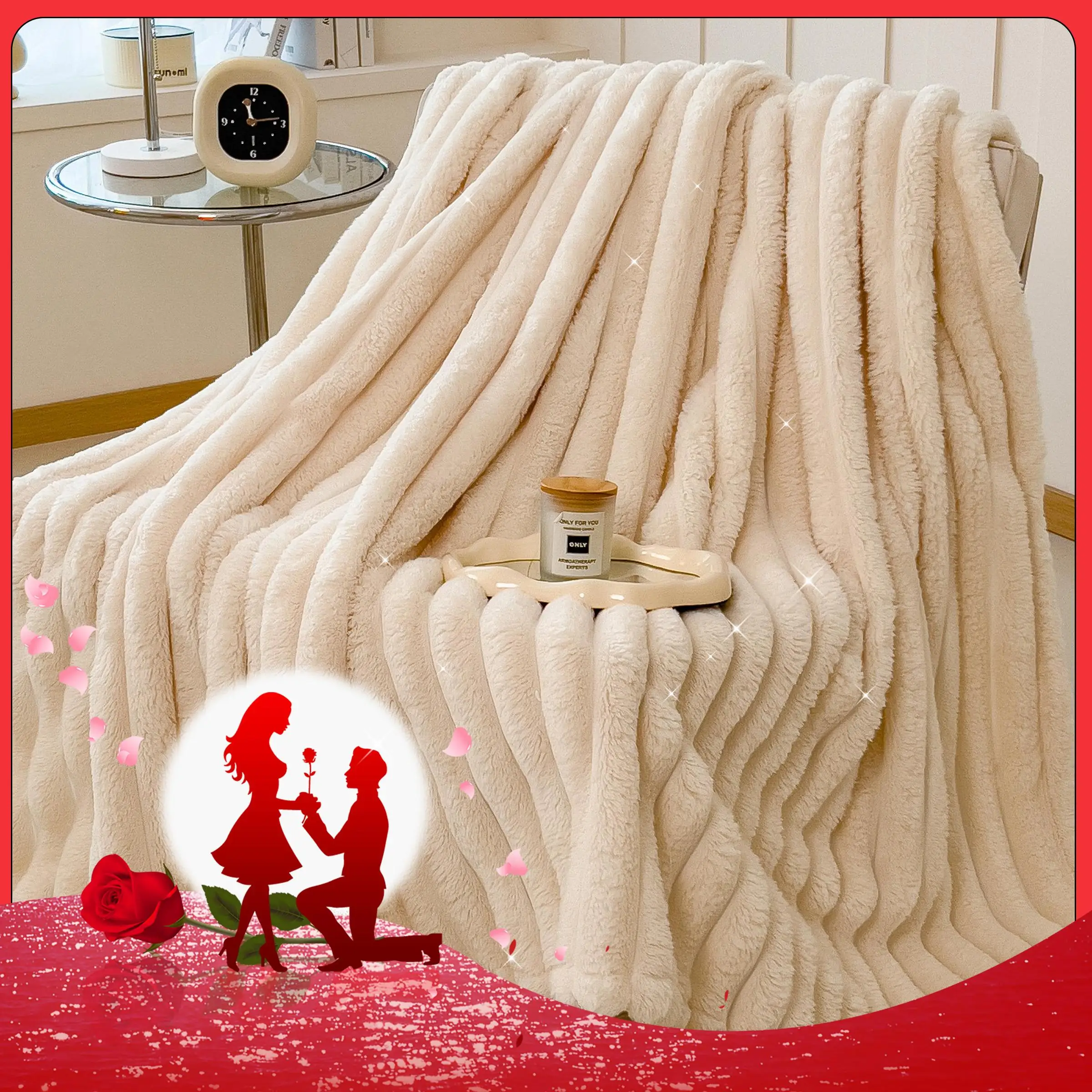 Solid Color Double Sided Striped Bed Blanket, 1 Count 400GSM Soft Warm Throw Blanket, Warm Nap Blanket for Home Office Travel Camping