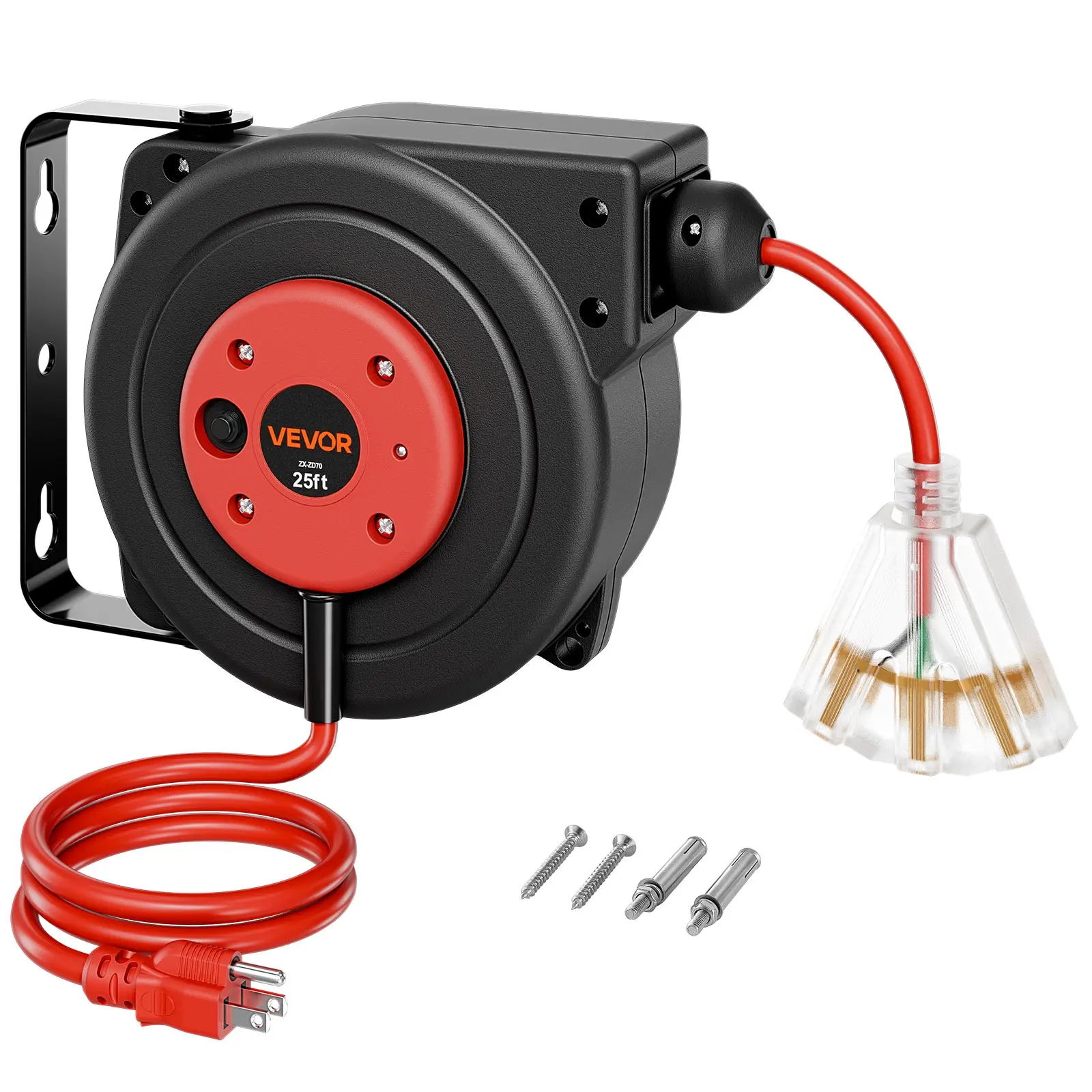 VEVOR Retractable Extension Cord Reel 25FT Heavy Duty 14AWG/3C SJTOW Red, for Ceiling/Wall Mount, 13A Circuit Breaker, Automatic Retractable Power Cord, Lighted Triple Tap, with 180° Swivel Bracket