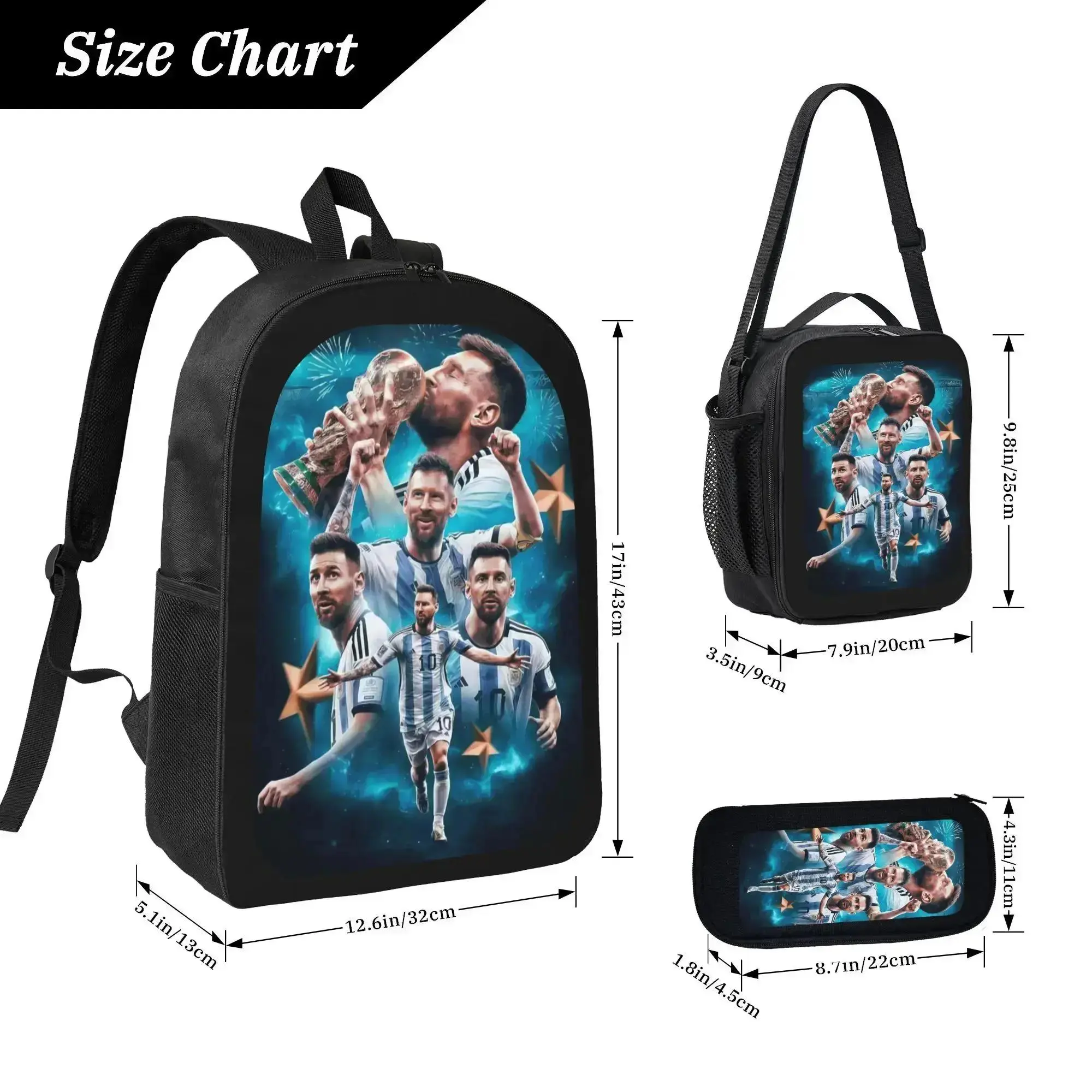 Men's Messi Soccer 3-Piece Backpack Set - Lightweight Laptop Backpack, School/Work Lunch Bag, Pencil Case