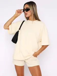 Women's Casual Loose Fit Sportswear Set, Running & Outdoor Sports Short Top and Shorts, Above the Knee Plain Design, Solid Sports Sets, Workout Running Outfits, Summer Activewear