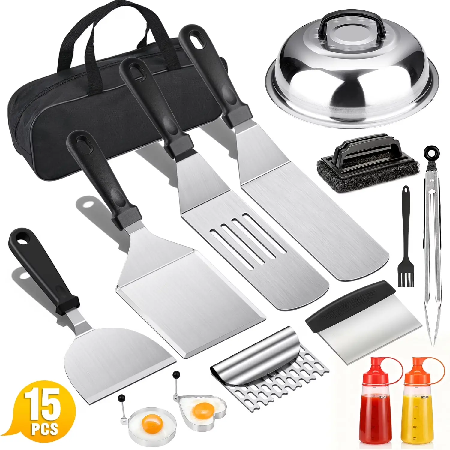15PCS Griddle Accessories Kit, Flat Top Grill Accessories Set for Blackstone and Camp Chef, Grill Spatula Set with Enlarged Spatulas, Scraper for Outdoor Barbecue
