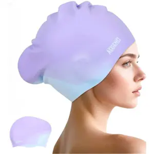 Aegend Unisex Silicone Swimming Cap - Durable, Tear-Resistant, Elastic Stretch, Asymmetrical Design with Long Hair Space, Easy to Put On & Off, 4-Color Swimwear for Adults