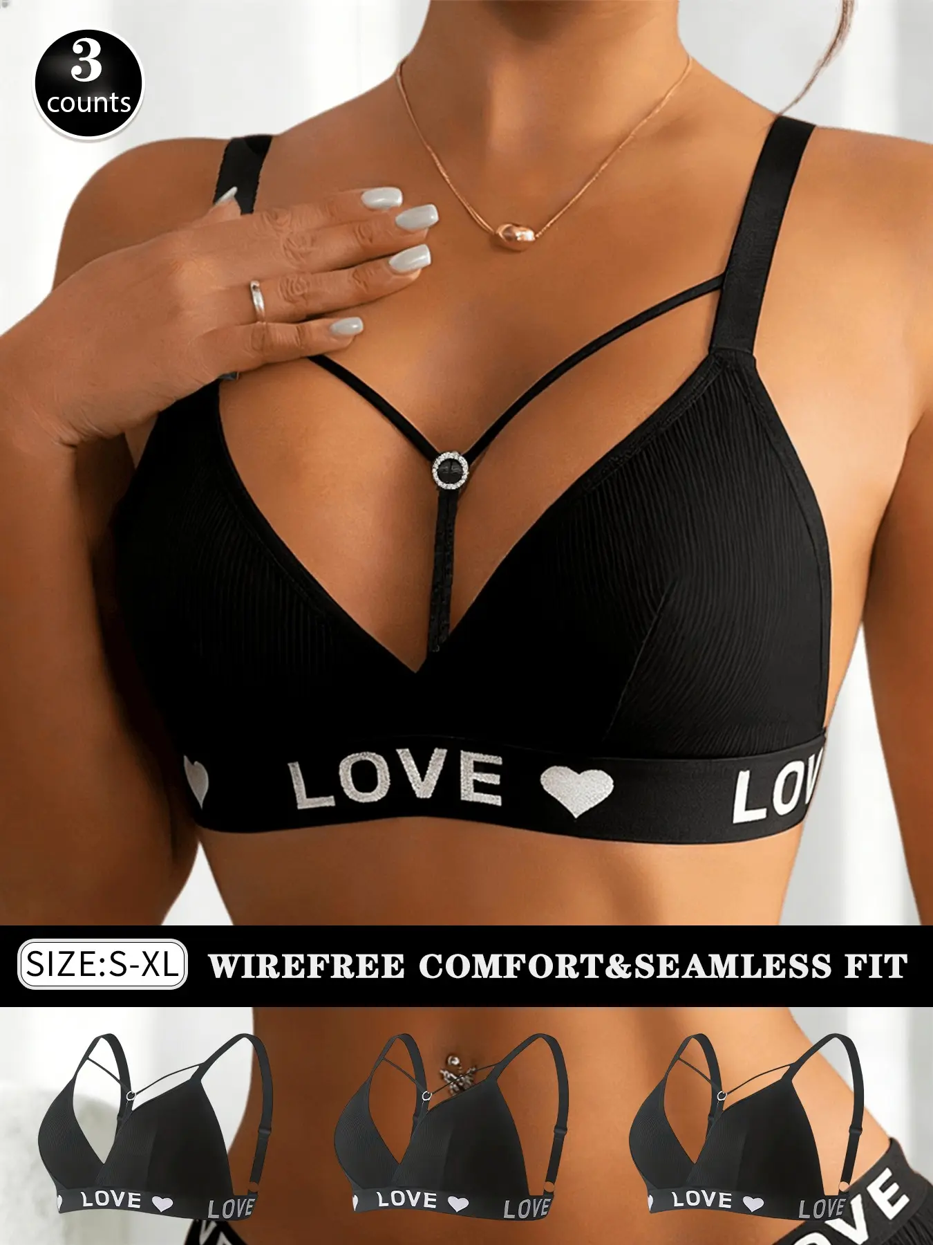 3pcs Trendy Black Ribbed Bralette for Women Sexy Strappy Design with Rhinestone Detail Wireless "LOVE" Letter Elastic Band Bra Chic, Elegant & Comfy Streetwear Aesthetic
