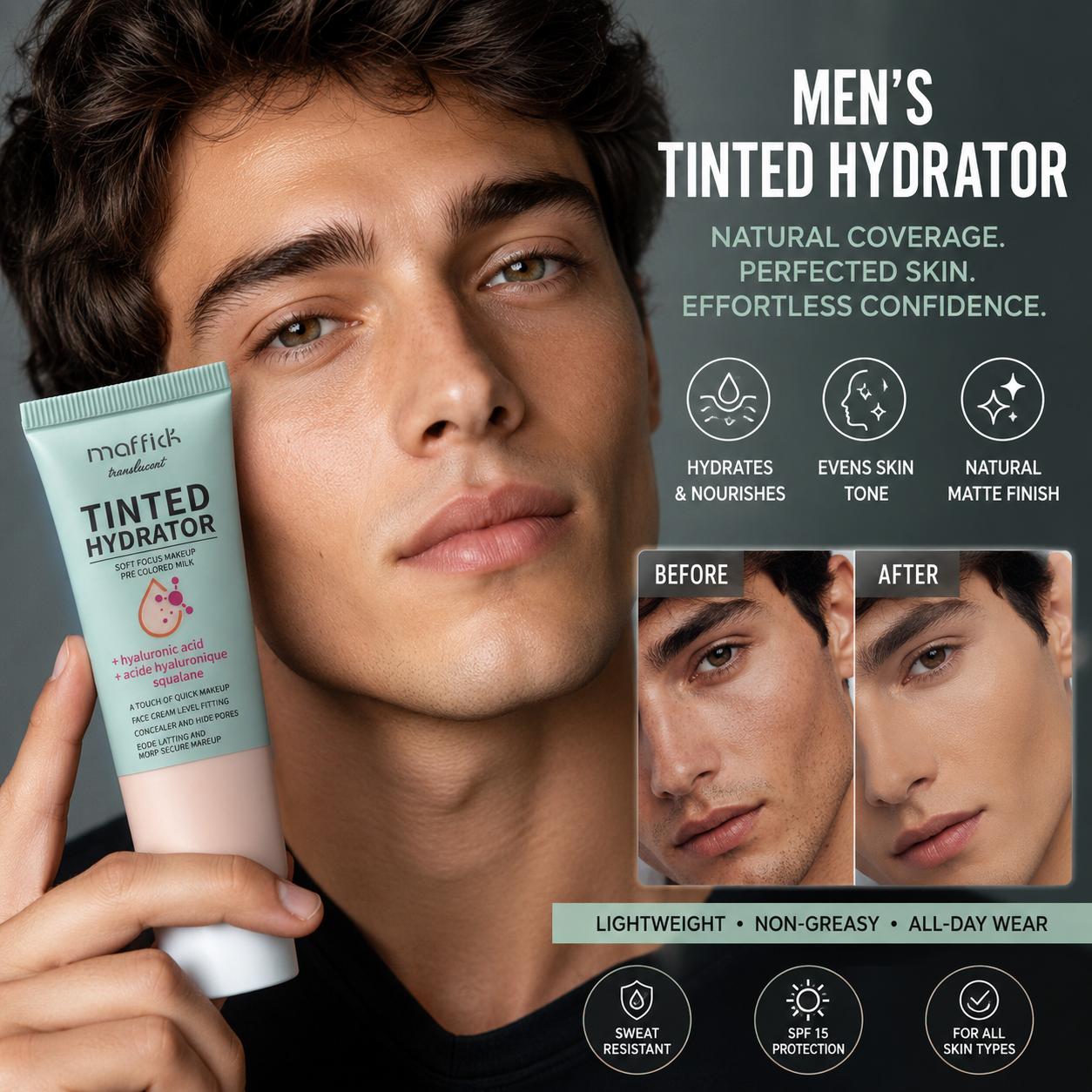 MAFFICK Men's Makeup Cosmetic Primer & Natural Concealer Color Corrector Face Cream - Lightweight, Oil-Control, Water-Based, Non-Sticky, No White Cast for Daily Use