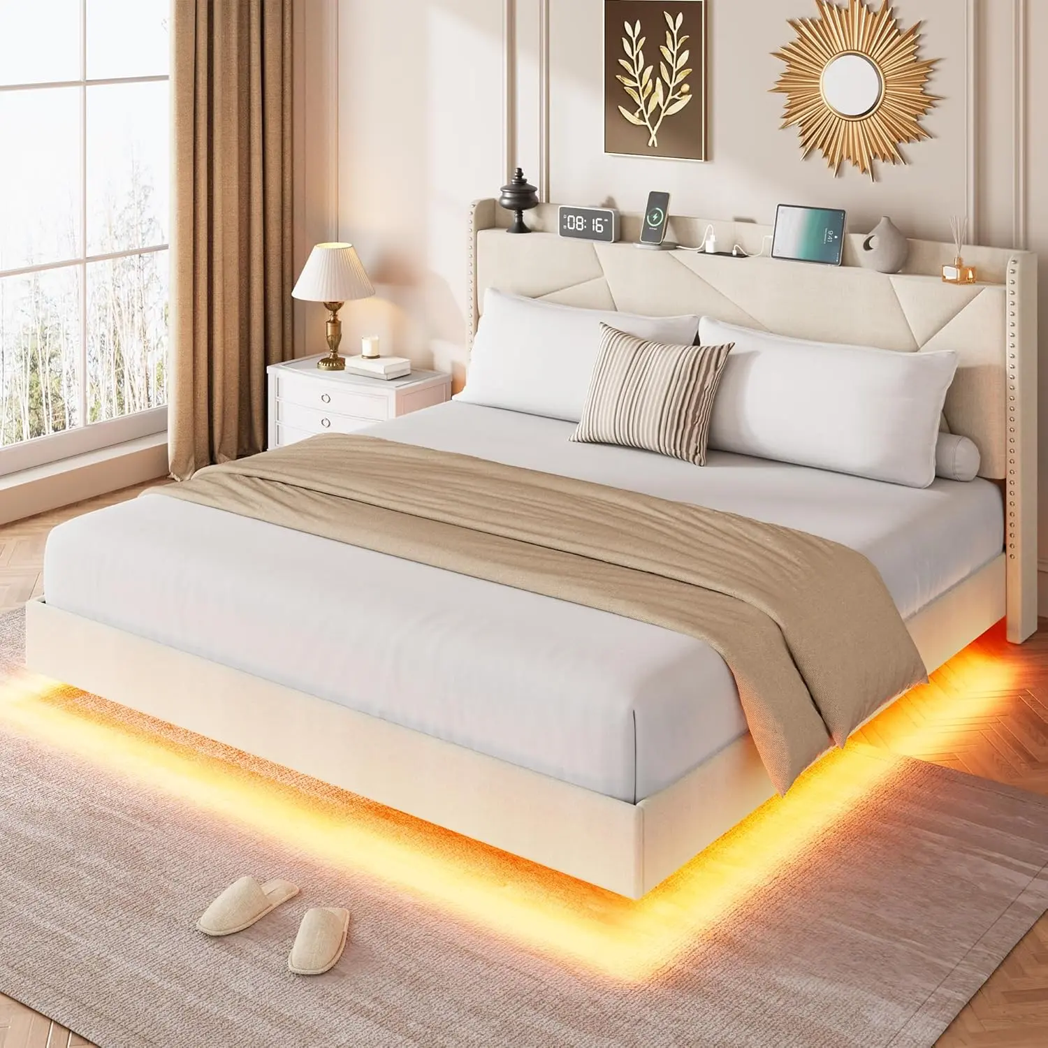 Gaomon Queen Size Modern Upholstered Floating Storage Bed - Sturdy Platform Bedframe, Soft Fabric, LED Lighting, Charging Station, Storage Headboard with Hidden Rods & Folding Shelves, Metal Slats Support, Beige, No Box Spring Needed, Modern Upholstered B