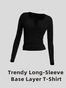 New Plus Size Women's U Neck Elastic Long Sleeve T-Shirt, Four Seasons Wearable Slimming Top, Sporty Base Layer, Casual Sportswear, Athletic Fashion Activewear, Gym Athletic Clothes, Sports Tops