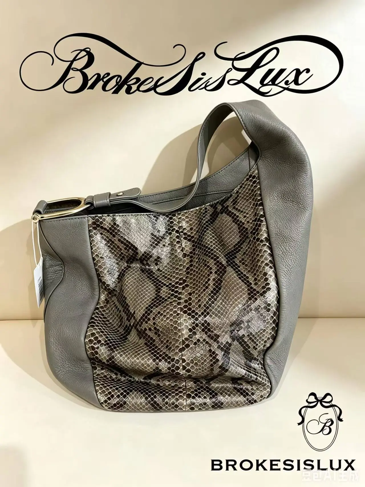 Pre-owned GUCCI Two Tone Grey Pebbled & Python Print Leather Large Hobo Bag | Gold Buckle Hardware, Slouchy Daily Tote