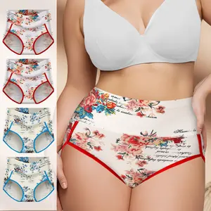4-Pack plus size Women's High-Waisted Underwear Quick-Dry Elastic Fabric Breathable Floral Print Double-Layer Crotch Anti-Odor Design Compact Packaging Ideal for Travel Flights Hotels and Daily Outings Sizes S-XXL