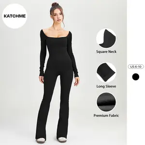 KatchMe Women's Sporty Solid Color Long Sleeve Seamless Flared Shaping Jumpsuit, Workout Shapewear, Minimalist Sport & Outdoor Clothing