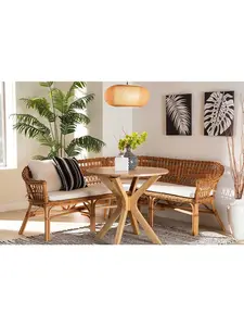 Bali & Pari 193271412440 Nella Modern Bohemian Rattan Dining Nook Banquette Set, White & Natural Brown - 2 Piece