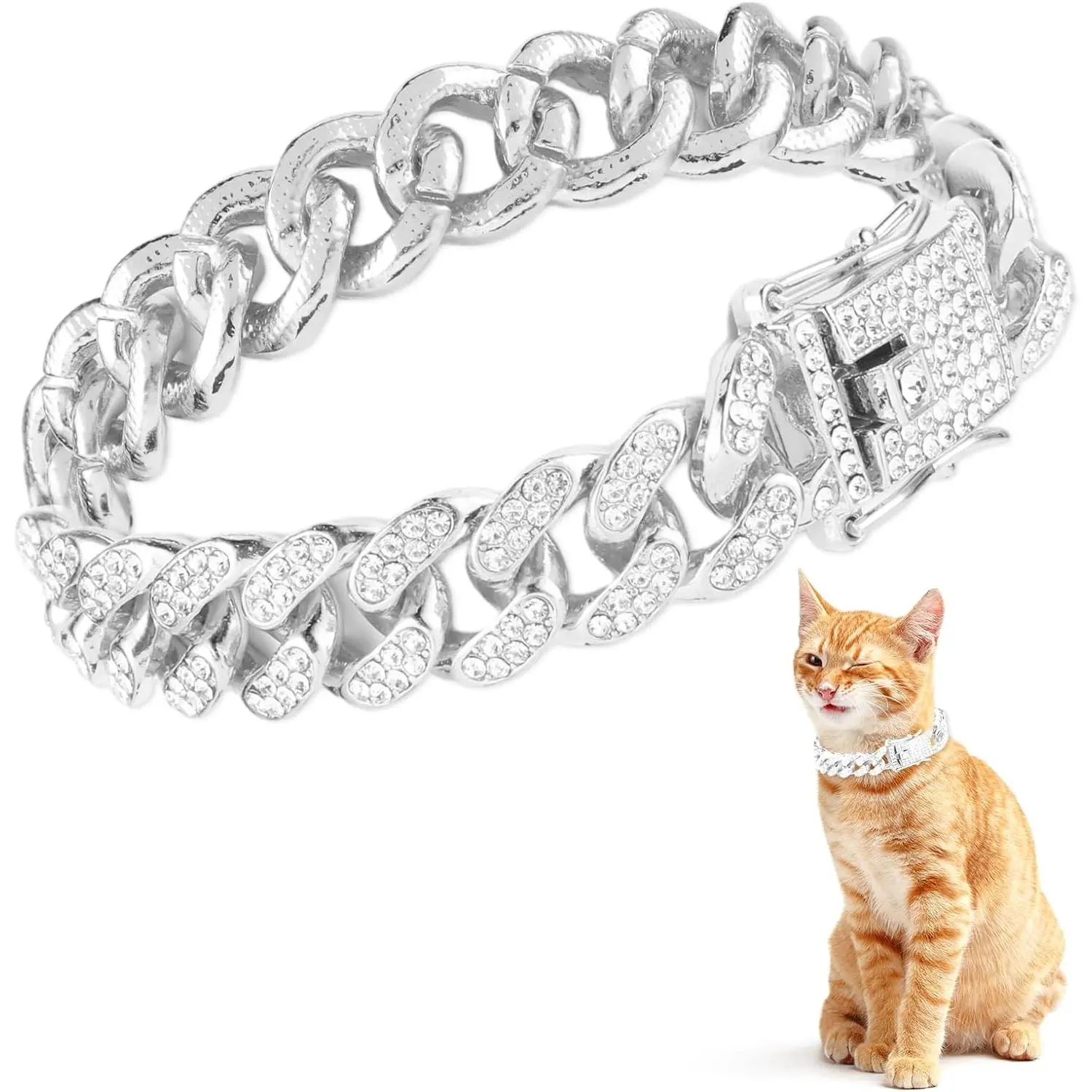 12mm Wide Diamond Cuban Link Cat Collar - Durable Metal Buckle, Detachable Pet Rhinestone Necklace, Easy to Put On & Take Off, Photo-Taking Accessory for 8in Cats Kittens, 0.47 Inches