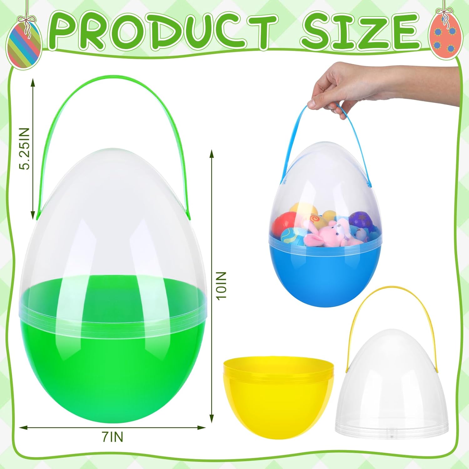 4/8 Pcs Jumbo Easter Eggs 10 Inch Plastic Giant Easter Eggs with Handle Clear Large Baskets for Egg Hunt,Easter Gift buckets for Student Adult Office Employee Coworker,Outdoor Church School Classroom Decorations,Spring Birthday Party Supplies